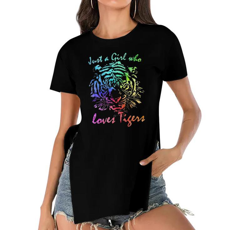 Just A Girl Who Loves Tigers Retro Vintage Rainbow Graphic Women's Short Sleeves T-shirt With Hem Split