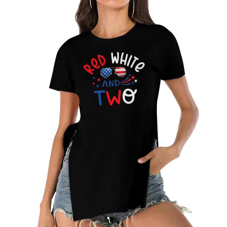 Kids Red White And Two 2Nd Birthday 4Th Of July Firework Boy Women's Short Sleeves T-shirt With Hem Split