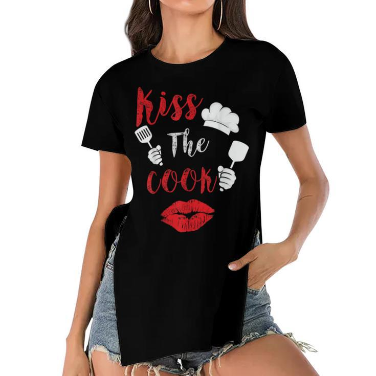 Kiss The Cook Chef Cooking Love Big Red Heart Valentines Day  Women's Short Sleeves T-shirt With Hem Split