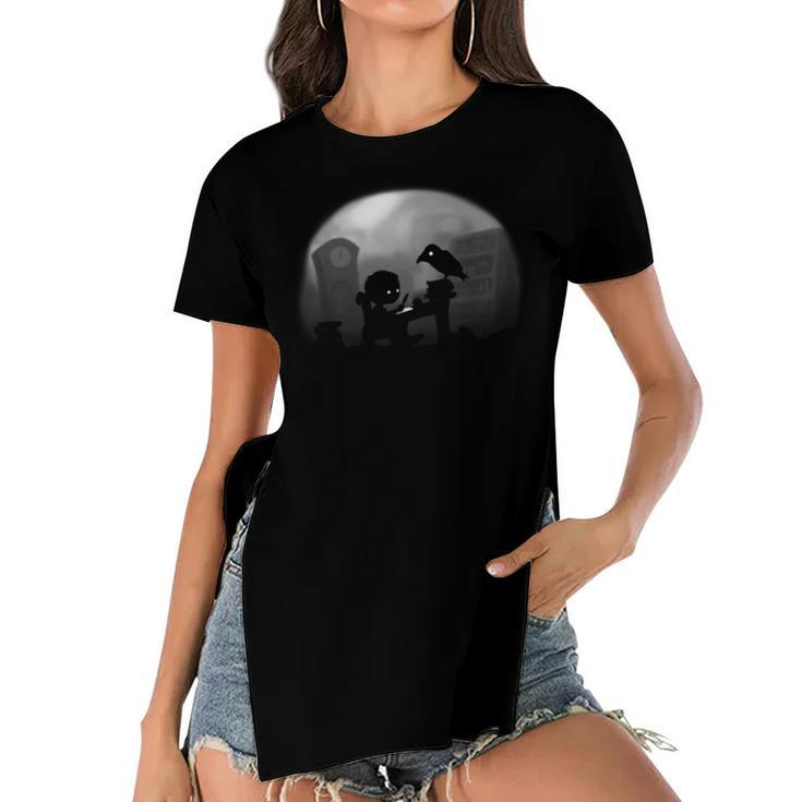 Land Of Mysteries Edgar Allan Poe Black Raven Nevermore  Women's Short Sleeves T-shirt With Hem Split