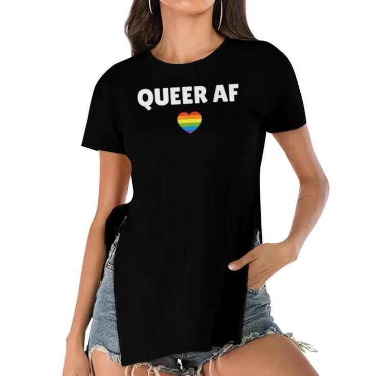 Lgbt Pride - Queer Af Rainbow Flag Heart Women's Short Sleeves T-shirt With Hem Split