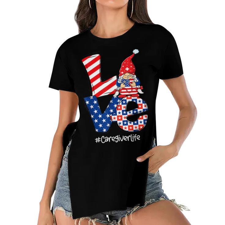 Love Caregiver Life Nurse Stethoscope Patriotic 4Th Of July  Women's Short Sleeves T-shirt With Hem Split