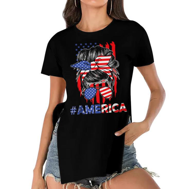 Mom Life Messy Bun America Flag Mothers Day Gift 4Th Of July  Women's Short Sleeves T-shirt With Hem Split