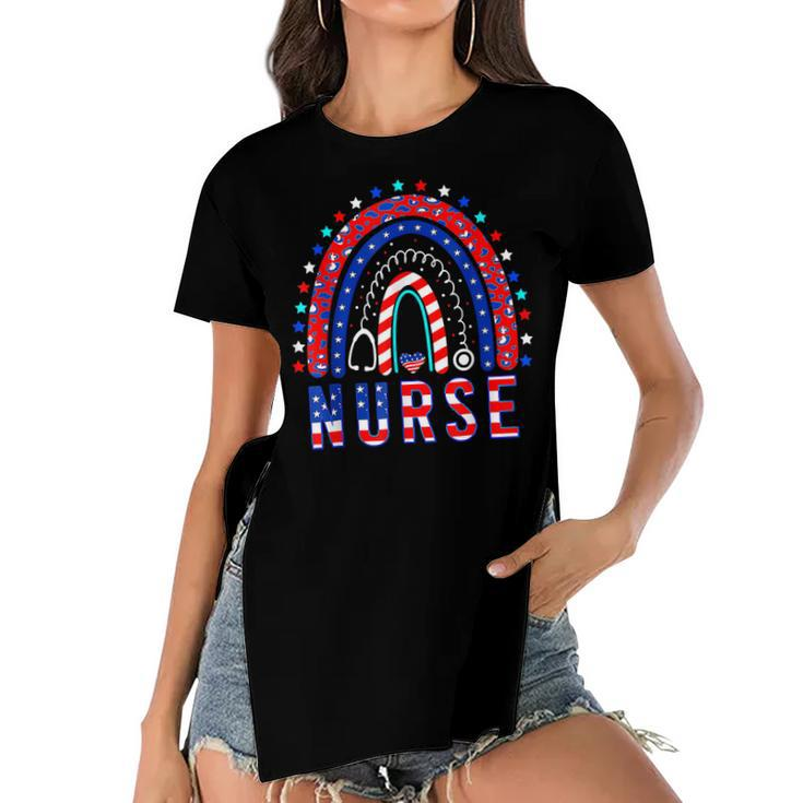 Nurse Stethoscope Rainbow Memorial Day 4Th Of July Nursing  Women's Short Sleeves T-shirt With Hem Split