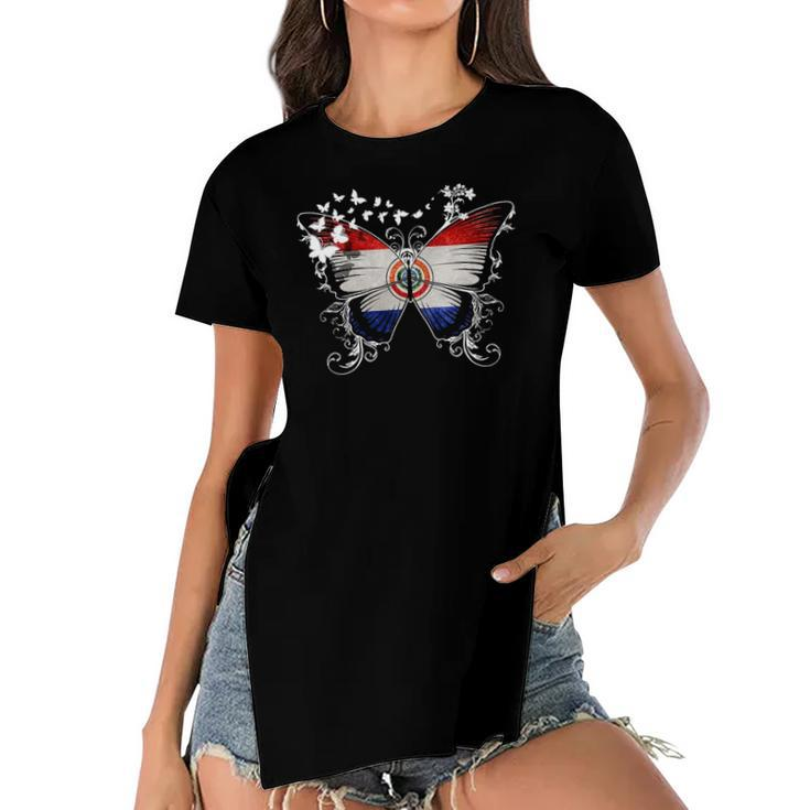 Paraguay Flag  Butterfly Graphic Women's Short Sleeves T-shirt With Hem Split