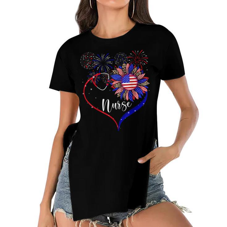 Patriotic Nurse 4Th Of July American Flag Sunflower Love  Women's Short Sleeves T-shirt With Hem Split