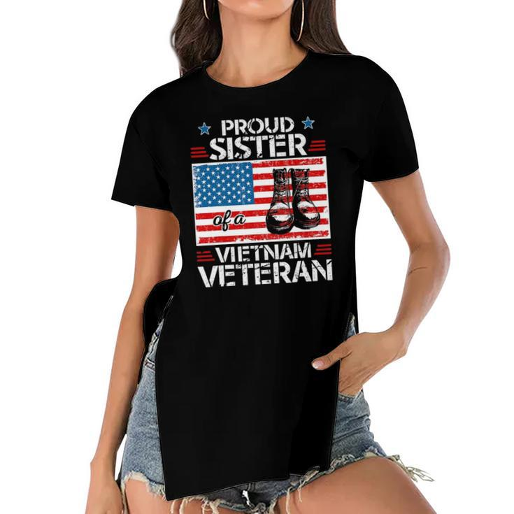 Proud Sister Of Vietnam Veteran Patriotic Usa Flag Military Women's Short Sleeves T-shirt With Hem Split