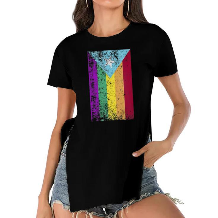 Puerto Rico Gay Pride Rainbow Flag  Women's Short Sleeves T-shirt With Hem Split