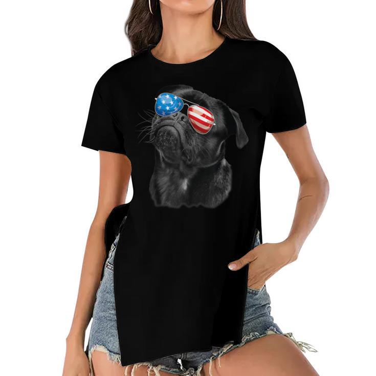 Pug 4Th Of July Dog Mom Dog Dad Usa Flag Funny Black Pug  Women's Short Sleeves T-shirt With Hem Split