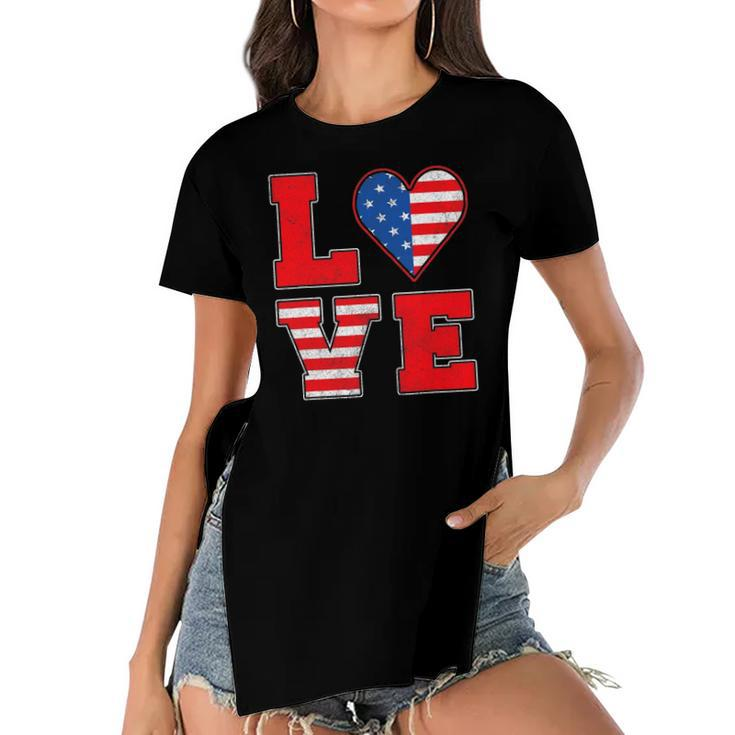 Red White And Blue S For Women Girl Love American Flag Women's Short Sleeves T-shirt With Hem Split