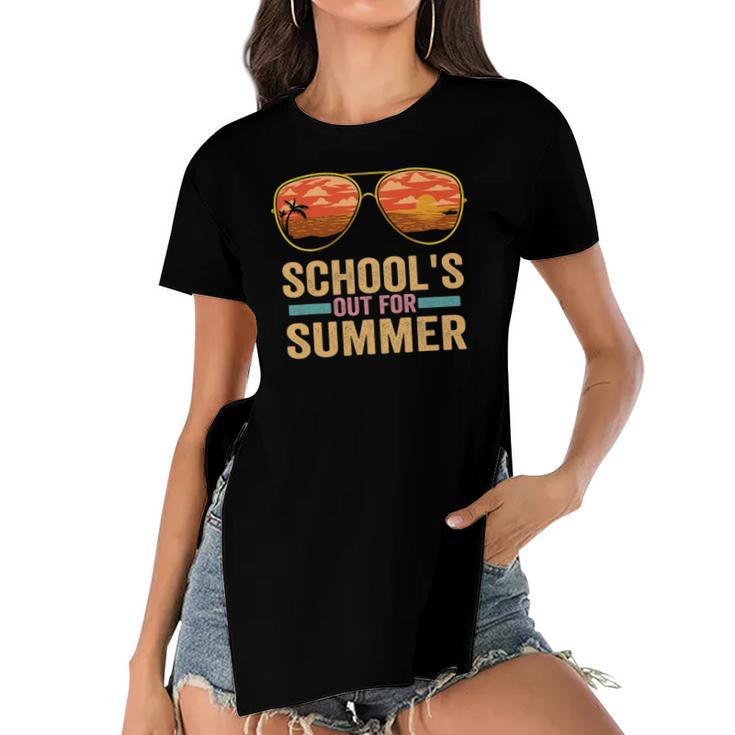 Schools Out For Summer Sunglasses Teacher Last Day Of School Women's Short Sleeves T-shirt With Hem Split