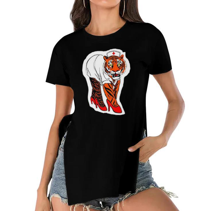 Sexy Tiger Nurse Tiger Lover Gift Women's Short Sleeves T-shirt With Hem Split