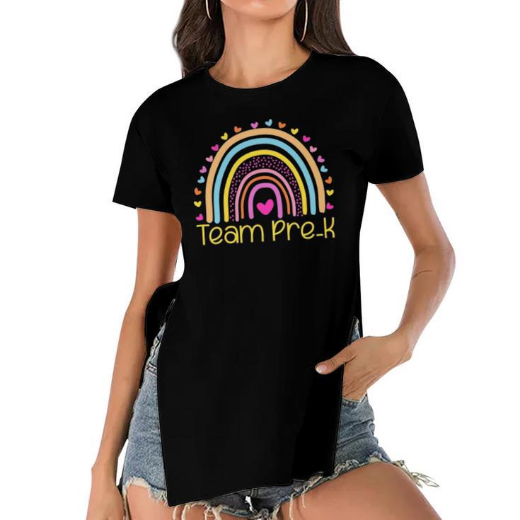 Team Pre K Teacher Rainbow Heart Education Women's Short Sleeves T-shirt With Hem Split
