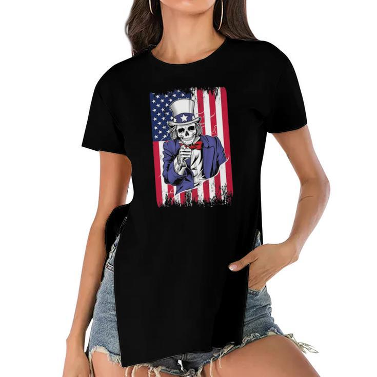 Uncle Sam Skeleton 4Th Of July For Boys And Girls Women's Short Sleeves T-shirt With Hem Split