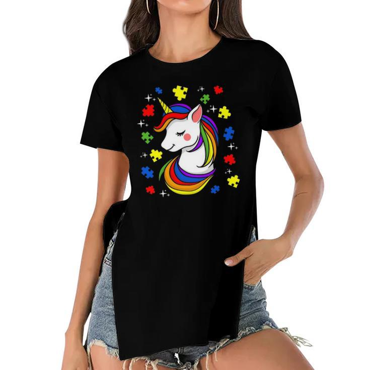 Unicorn Puzzle Piece  Autism Awareness Boys Girls Women Women's Short Sleeves T-shirt With Hem Split