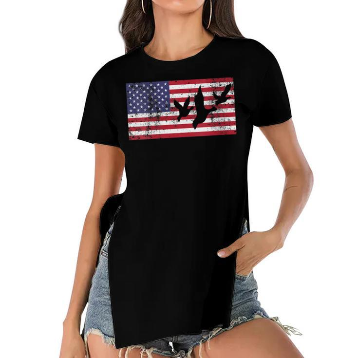 Womens 4Th Of July American Flag Hunting Hunter Geese Goose Dad Usa  Women's Short Sleeves T-shirt With Hem Split
