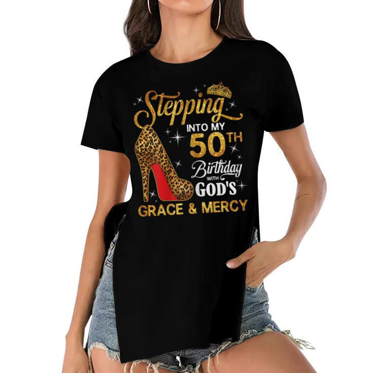 Womens 50Th Birthday Leopard Shoes Stepping Into My 50Th Bday  Women's Short Sleeves T-shirt With Hem Split