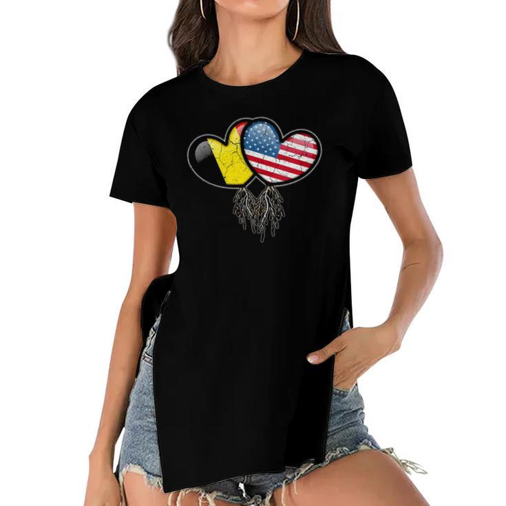 Womens Belgian American Flags Inside Hearts With Roots Women's Short Sleeves T-shirt With Hem Split
