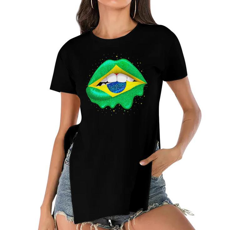 Womens Brazilian Flag Lips  Women Girls Brazil Women's Short Sleeves T-shirt With Hem Split