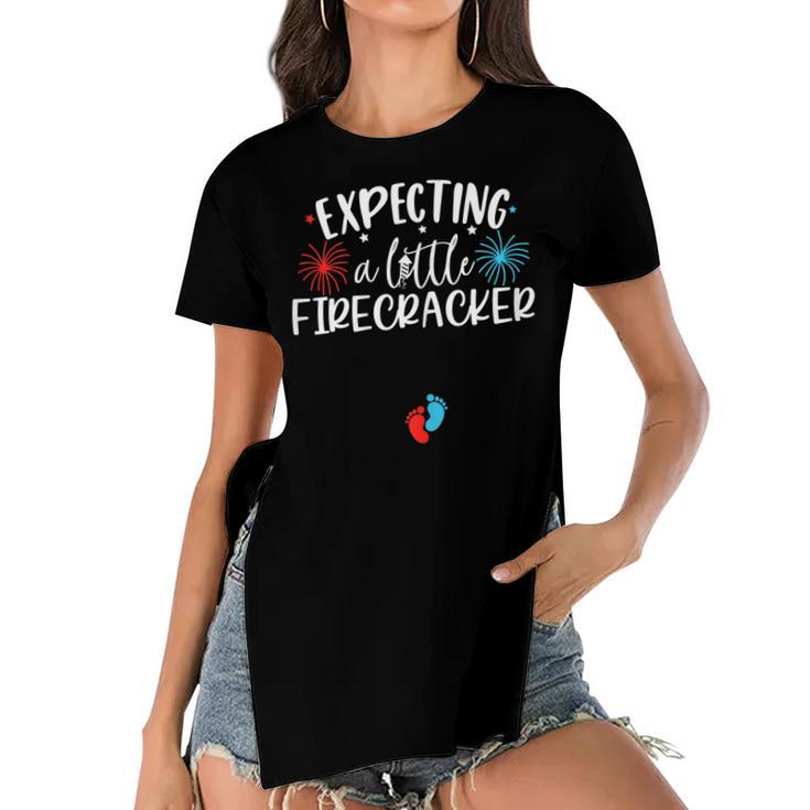 Womens Expecting A Little Firecracker Funny 4Th Of July Pregnant  Women's Short Sleeves T-shirt With Hem Split