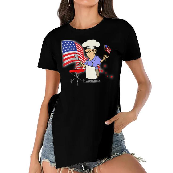 Womens Funny Patriotic All American Dad 4Th Of July Flag Bbq Men  Women's Short Sleeves T-shirt With Hem Split