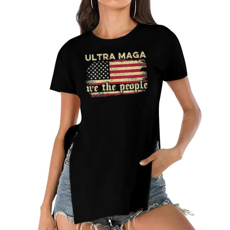 Womens Funny Ultra Maga Vintage American Flag Ultra-Maga Retro  Women's Short Sleeves T-shirt With Hem Split