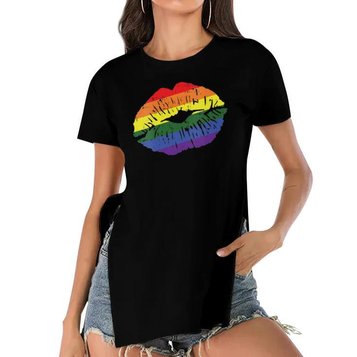Womens Gay Kiss Rainbow Pride Flag Sexy Lips Proud Lgbt Q Ally Women's Short Sleeves T-shirt With Hem Split