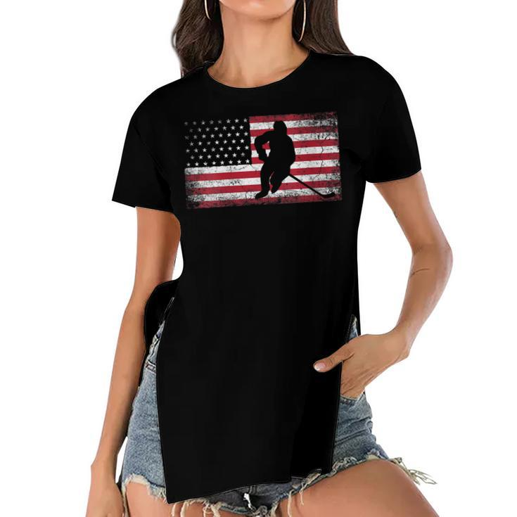 Womens Hockey American Flag 4Th Of July Patriotic Usa Dad Men Son  Women's Short Sleeves T-shirt With Hem Split