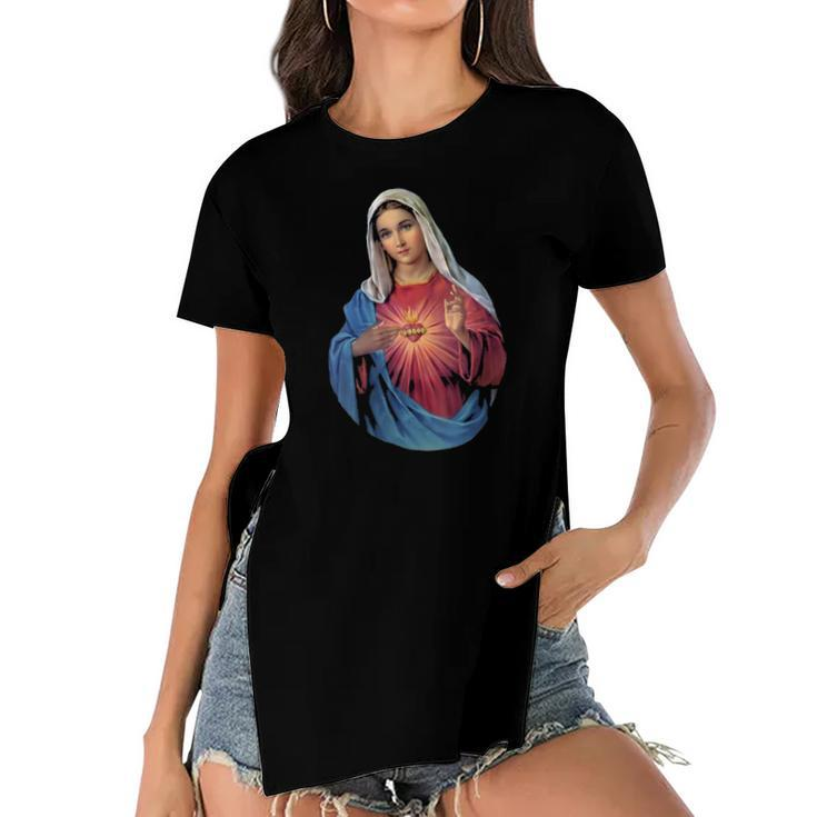 Womens Immaculate Heart Of Mary V-Neck Women's Short Sleeves T-shirt With Hem Split