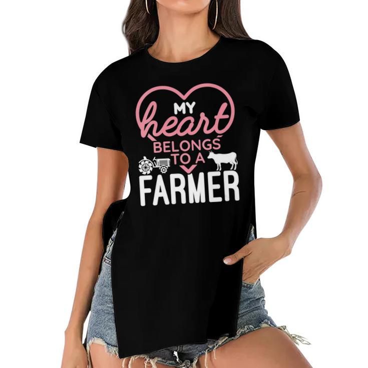 Womens My Heart Belongs To A Farmer Romantic Farm Wife Girlfriend Women's Short Sleeves T-shirt With Hem Split