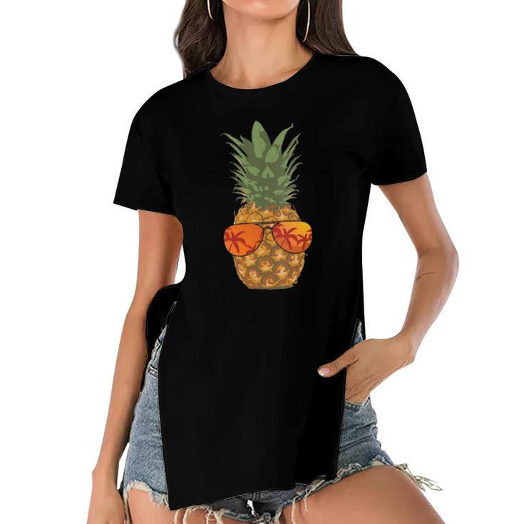 Womens Pineapple Shades Aloha Hawaii Tropical Beach Vintage Women's Short Sleeves T-shirt With Hem Split
