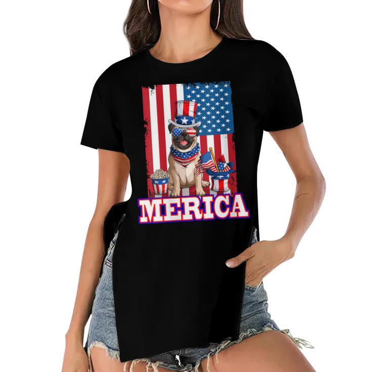 Womens Pug Dad Mom 4Th Of July American Flag Merica Dog  Women's Short Sleeves T-shirt With Hem Split