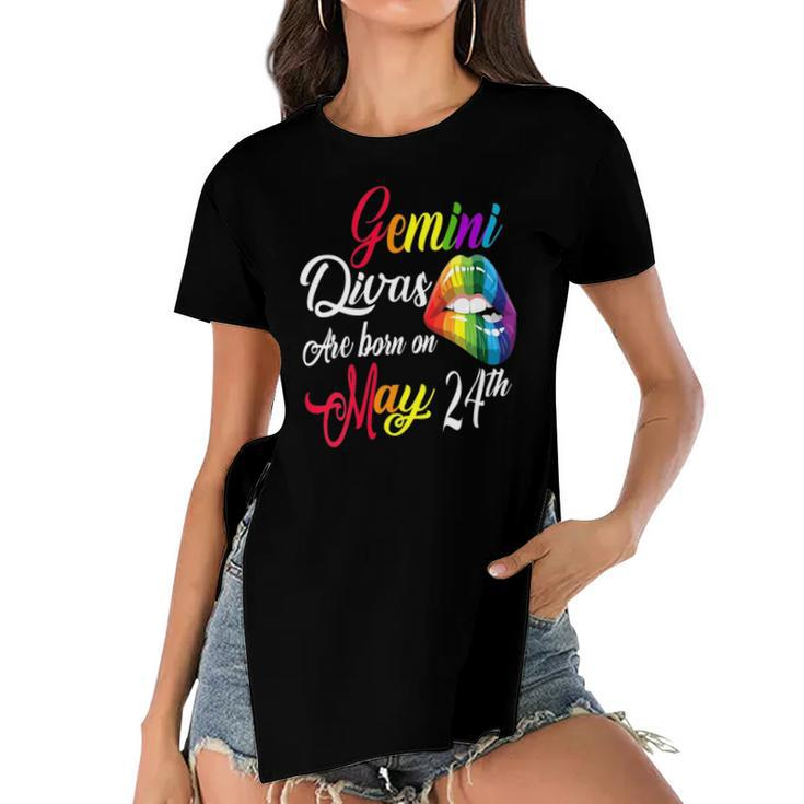 Womens Rainbow Lips Divas Are Born On May 24Th Gemini Girl Birthday Women's Short Sleeves T-shirt With Hem Split