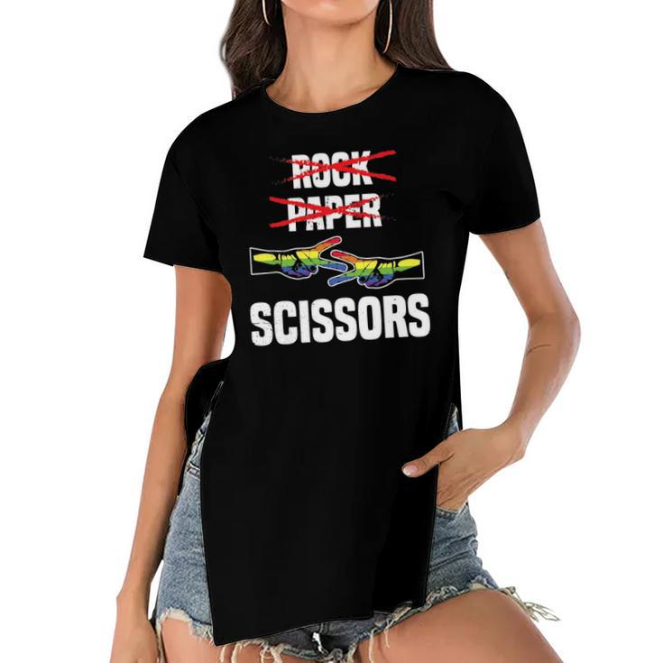 Womens Rock Paper Scissors Funny Lgbt Pride Parade Lesbian Women's Short Sleeves T-shirt With Hem Split