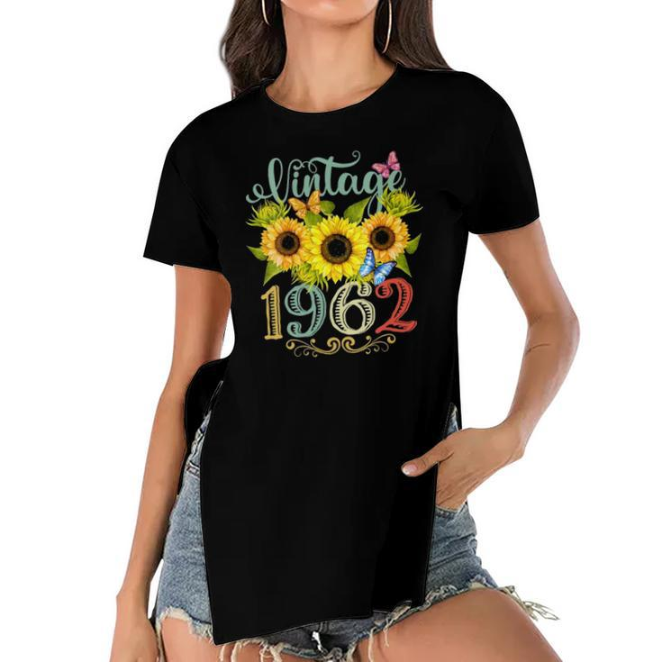 Womens Sunflower Floral Butterfly Vintage 1962 Funny 60Th Birthday Women's Short Sleeves T-shirt With Hem Split