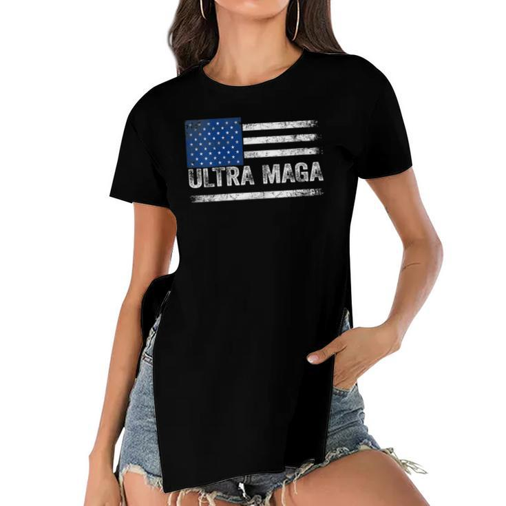 Womens Ultra Maga  Us Flag Top American Ultra Mega  Women's Short Sleeves T-shirt With Hem Split