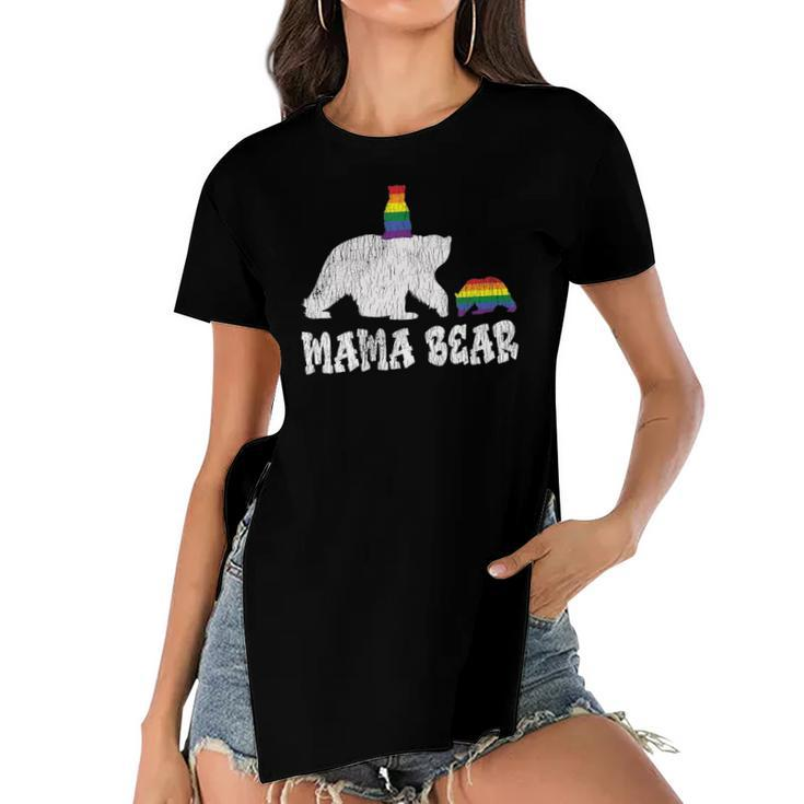 Womens Vintage Mama Bear Pride Mother Teens Mom Lesbian Gay Lgbtq Women's Short Sleeves T-shirt With Hem Split
