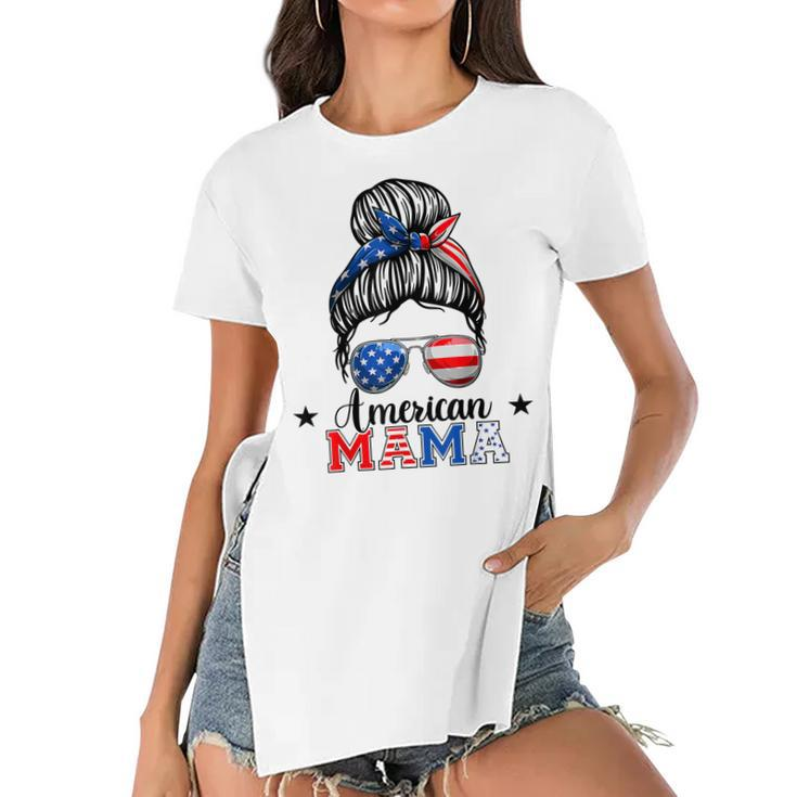4Th Of July American Mama Messy Bun Mom Life Patriotic Mom  Women's Short Sleeves T-shirt With Hem Split