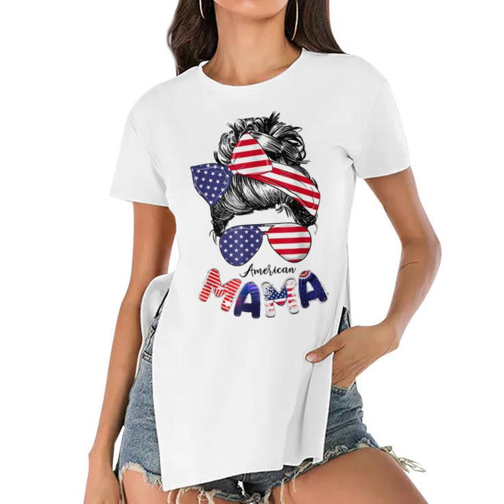 4Th Of July American Mama Messy Bun Mom Life Patriotic Mom  Women's Short Sleeves T-shirt With Hem Split