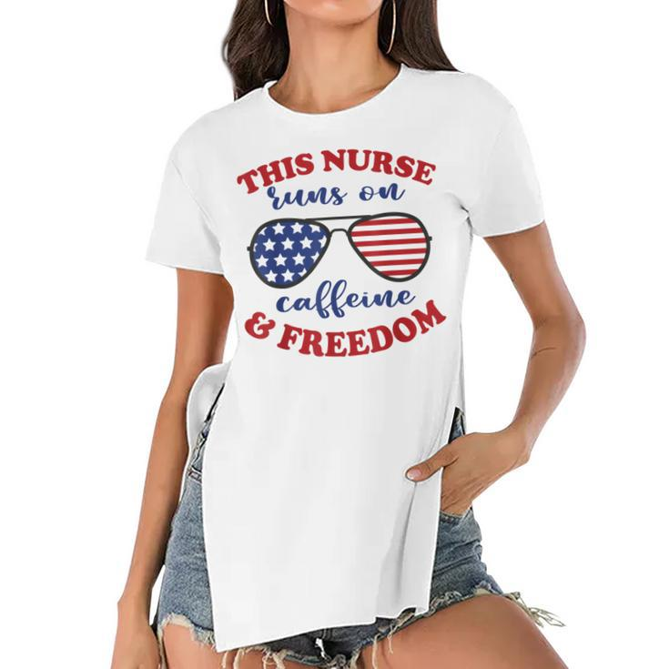 4Th Of July Nurse American Flag Sunglasses Caffeine Freedom  Women's Short Sleeves T-shirt With Hem Split