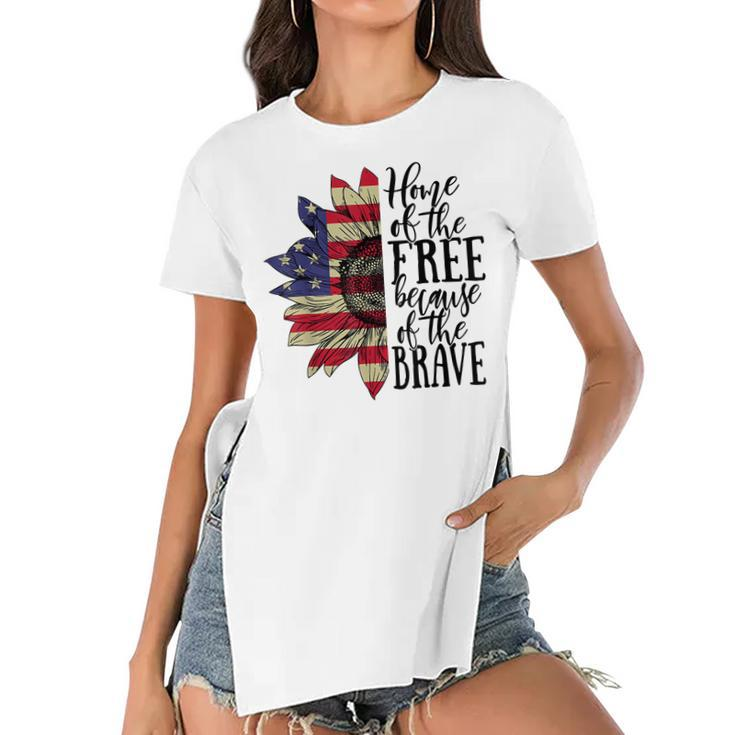4Th Of July Sunflower Home Of The Free Because Of The Brave  Women's Short Sleeves T-shirt With Hem Split