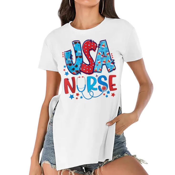 4Th Of July Usa Nursery American Nurse 2022 Patriotic Nurse  Women's Short Sleeves T-shirt With Hem Split
