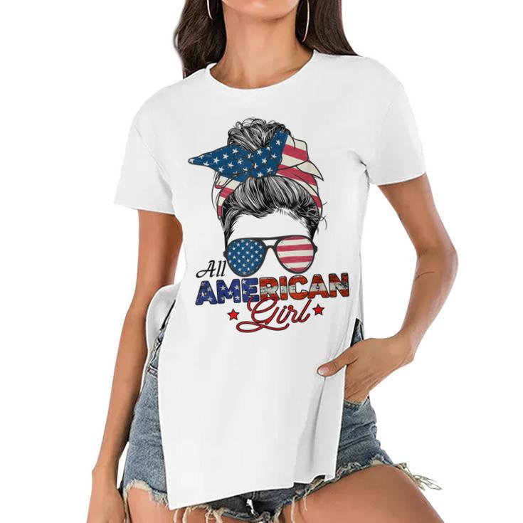 All American Girl 4Th July Messy Bun Us Flag  Women's Short Sleeves T-shirt With Hem Split