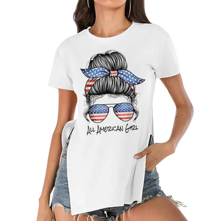 All American Girl Messy Bun American Flag 4Th Of July  Women's Short Sleeves T-shirt With Hem Split