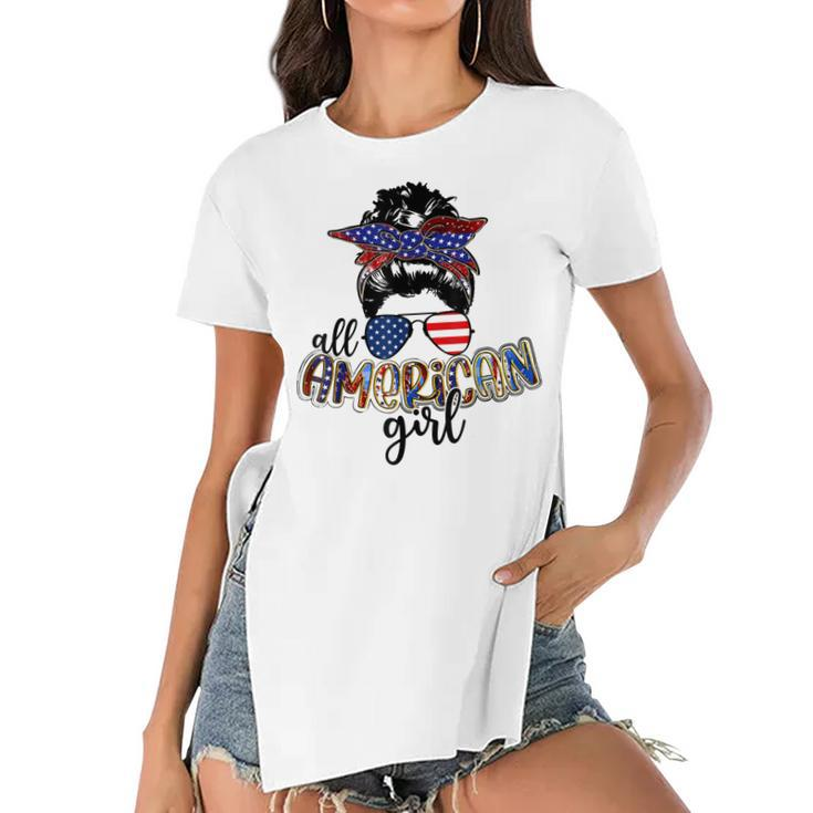 All American Girl Messy Bun Usa Flag Patriotic 4Th Of July  Women's Short Sleeves T-shirt With Hem Split