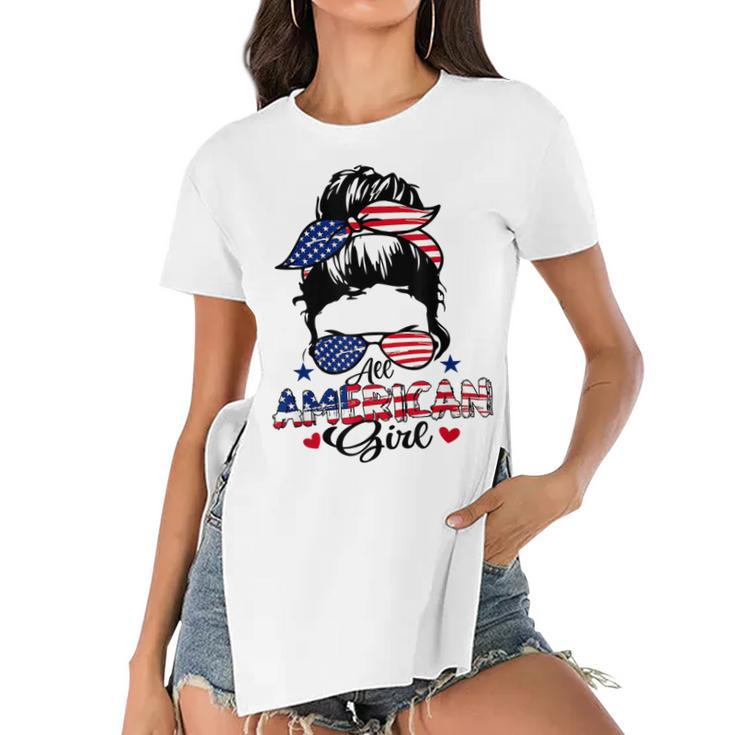 All American Girls 4Th Of July Messy Bun Patriotic  Women's Short Sleeves T-shirt With Hem Split