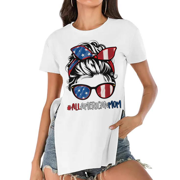 All American Mom 4Th Of July  Women Messy Bun Usa Flag  Women's Short Sleeves T-shirt With Hem Split