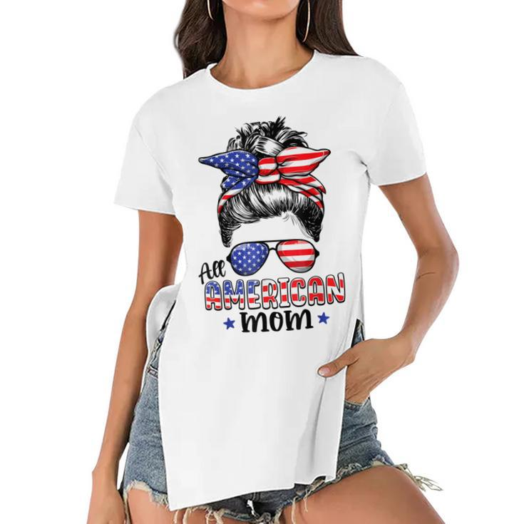 All American Mom Messy Bun Women 4Th Of July Patriotic Mom  Women's Short Sleeves T-shirt With Hem Split