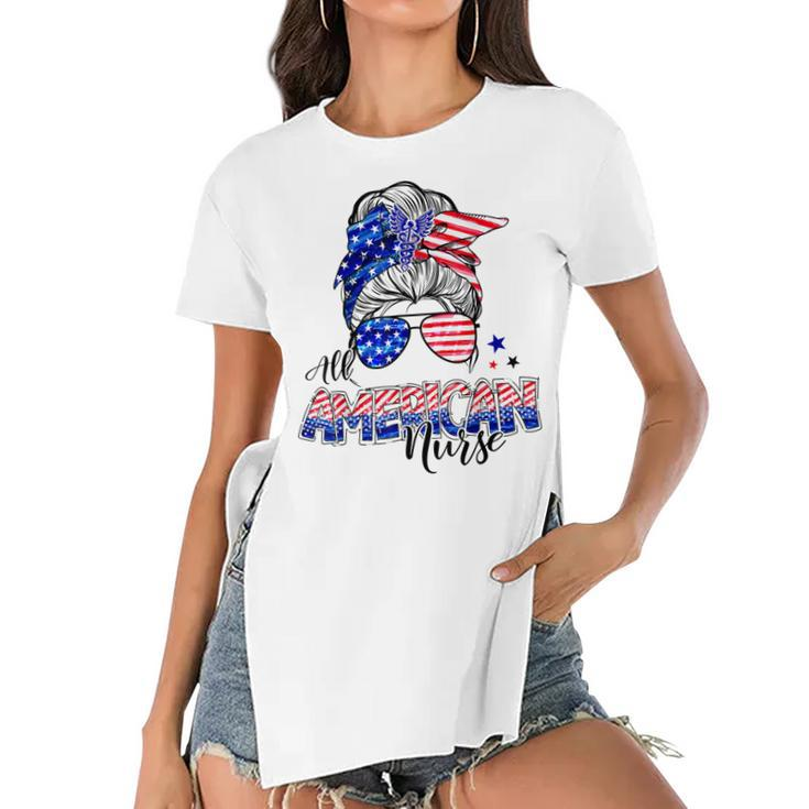 American Flag Patriotic Nurse Messy Bun 4Th Of July  Women's Short Sleeves T-shirt With Hem Split