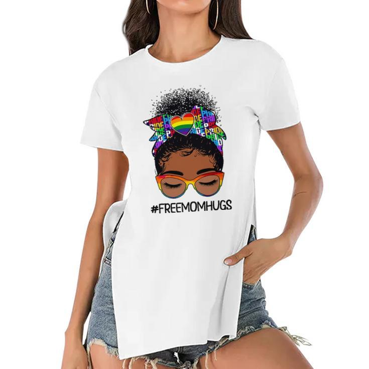 Black Women Free Mom Hugs Messy Bun Lgbtq Lgbt Pride Month Women's Short Sleeves T-shirt With Hem Split